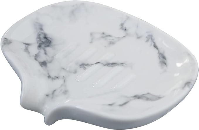 White Marble Texture Soap Dish Ceramic Soap Holder Self Draining Soap Dish Waterfall Slot Sponge Holder Bathroom Accessories for Bathroom, Kitchen,Bar Counter.