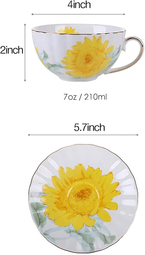 Ceramic Teacup Sunflower Vintage Chintz Porcelain Coffee Mug Tea Cup with Saucer