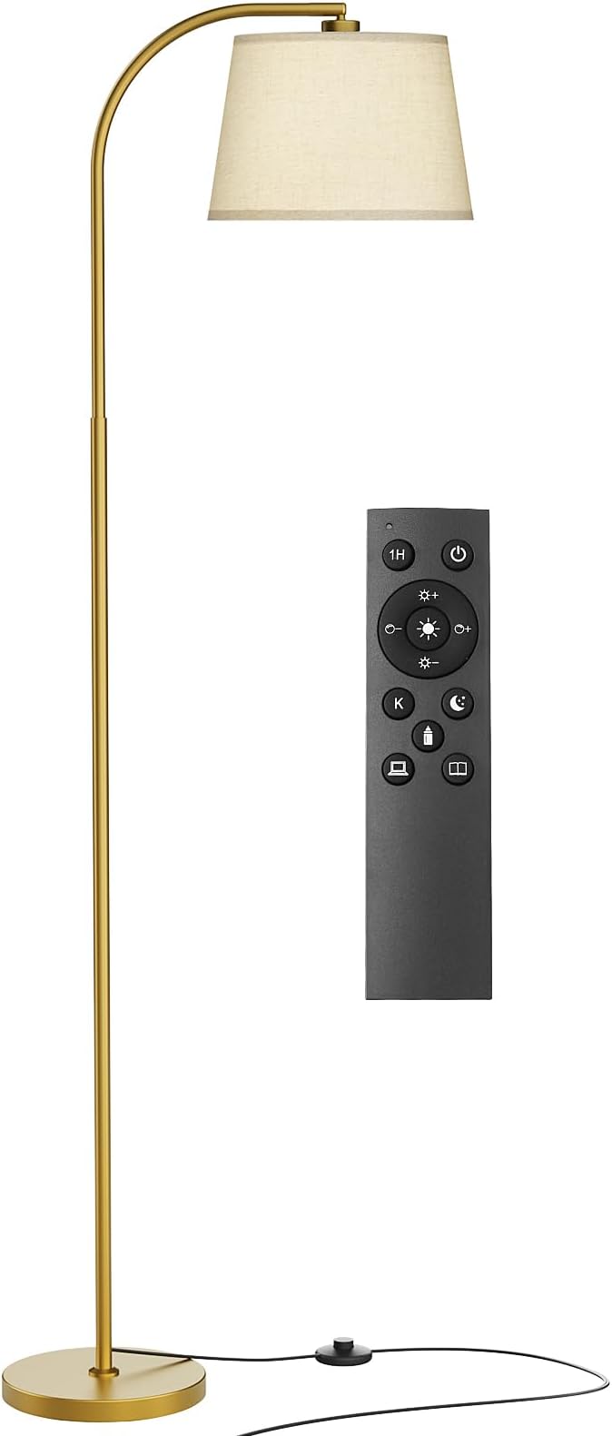Arc Floor Lamps for Living Room, Modern Floor Lamp with Remote Control and Stepless Dimmable 9W Bulb Included, Gold Tall Standing Lamp with Adjustable Linen Shade for Bedroom Office