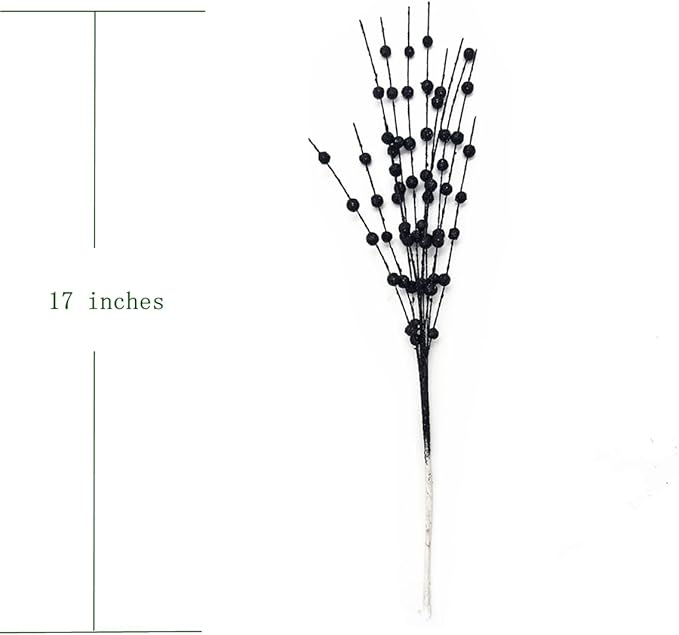 CATTREE Artificial Glitter Berry Stem Decorative, Fake Glitter Sticks Bead Pick Stems for Halloween Christmas Glittery Twigs Xmas Tree Wreath Crafts Vase Filler Home DIY Decor - 17 Inch Black 10 Pack