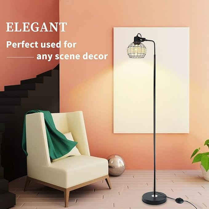 DLLT LED Floor Lamp, Adjustable Head Standing Lamp with Heavy Metal Based, Farmhouse Tall Rattan Floor Lamps Reading Lighting for Living Room, Bedroom, Study Room, Office, 8W 3000K E26 Bulb Included