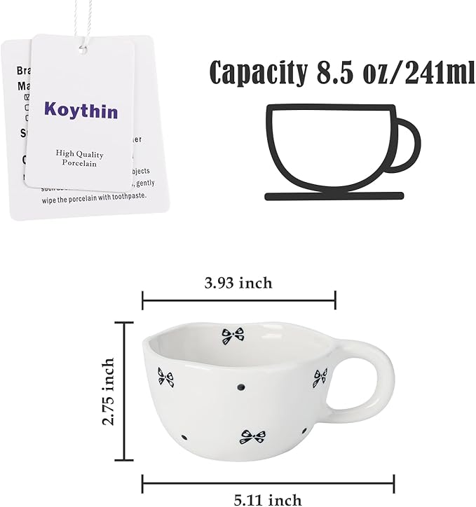 Koythin Ceramic Coffee Mug, Handmade Hot Chocolate Mugs, Cute Cup for Girl Women, Aesthetic Tea Milk Cup with Handle, 8.5 oz/250 ml for Latte, Cocoa, Office, Home (Black Small Bow)