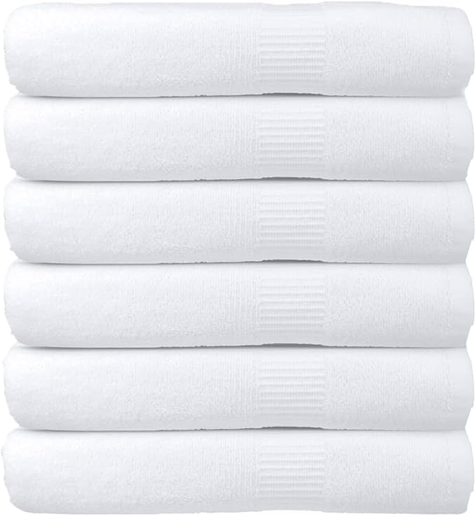 Pearl Linens Bath Towel Set of 6, 100% Cotton Premium, 24 x 50 Inches, White Bath Towels Bulk, Lightweight and Highly Absorbent Quick Drying Towel Set for Hotel, Spa and Bathroom, White Hotel Towel