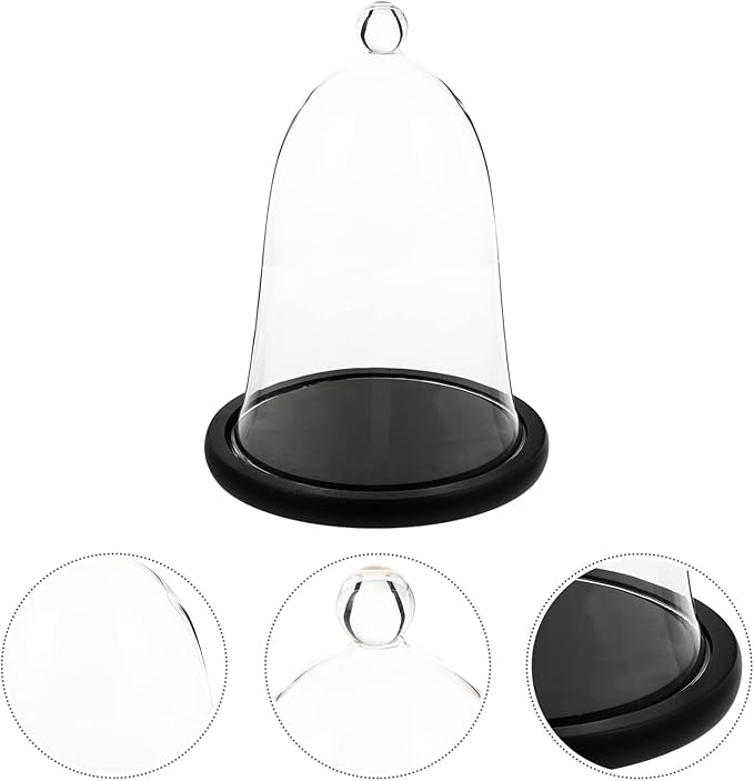 Cupcake Clear Glass Dome Cloche with Rustic Wooden Base Antique Bell Jar Display Dome for Plants Succulents Fairy Lights Photos Medals Decorative Fill and More Black Mini Cake Stand