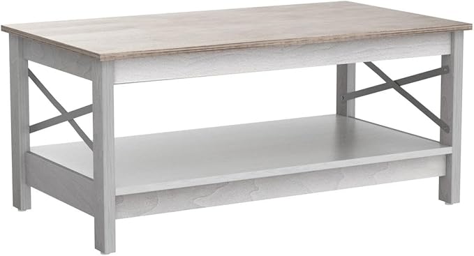 YITAHOME Coffee Tables for Living Room, Modern Farmhouse Coffee Table with Storage, 2-Tier Center Table Wood Living Room Table Accent Cocktail with Sturdy Frame, Grey Wash