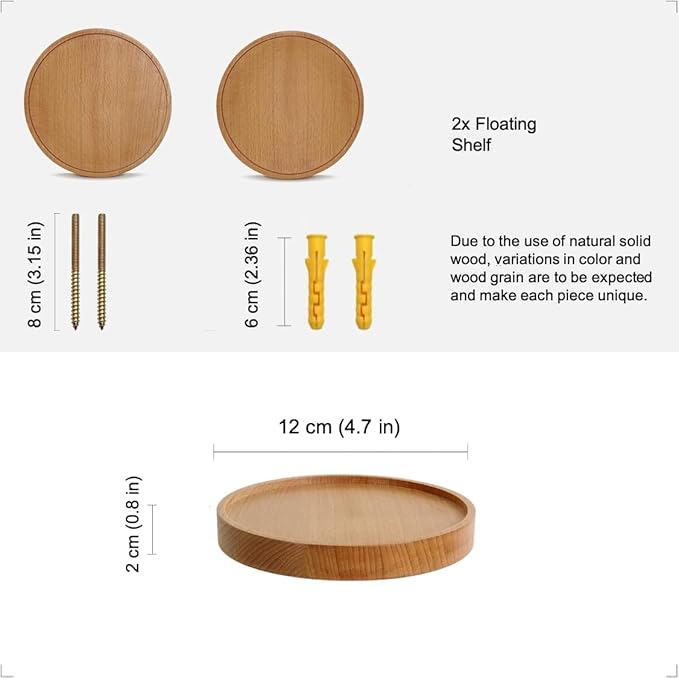 Coracle Floating Shelf Wood Round Wall Mounted Showcase Wall Shelf Hanging Planter Storage Wooden Shelf for Plants Photo Candle Invisible Wall Decoration Design Set of 2 (Diameter Ø4.7 inch)