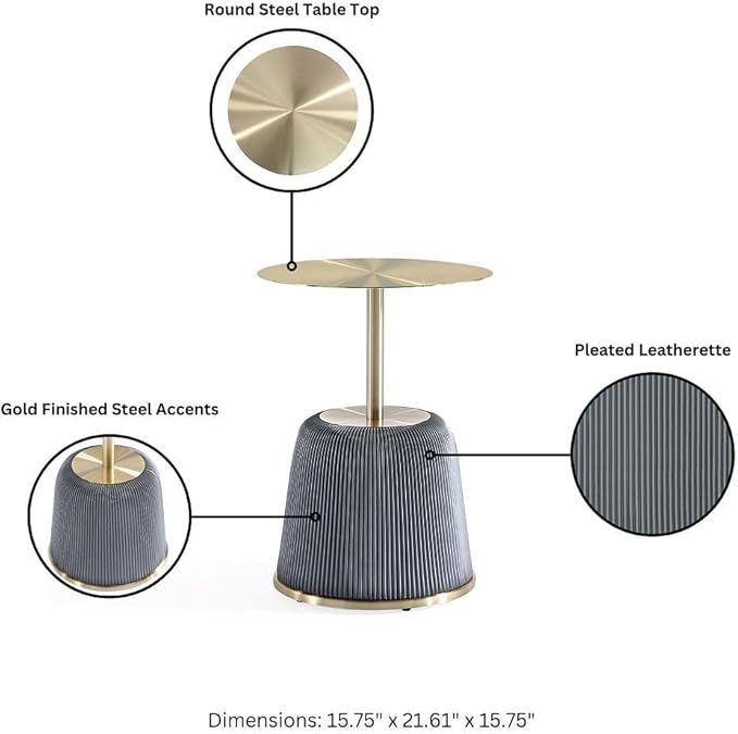 Manhattan Comfort Anderson Modern 15.75" Round End Tables 1.0 - Elegant Leatherette Upholstered Base with Pleated Design & Gold Steel Tabletop, Fully Assembled Accent Furniture, Set of 1, Grey