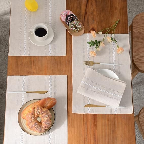 Wracra Cotton Linen Placemats, 12 x 18 Inch Set of 6 Placemats Rustic Hemstitch Place Mats for Kitchen Table and Heat Resistant-Hemstitch Ivory