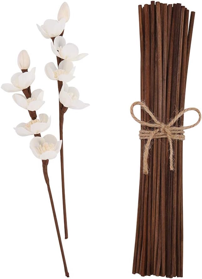 100pcs Brown Natural Reed Diffuser Sticks add 2 Pcs 13inch Sola Flowers 10 Inch Natural Rattan Wood Sticks Aromatherapy Sticks Replacements Stick