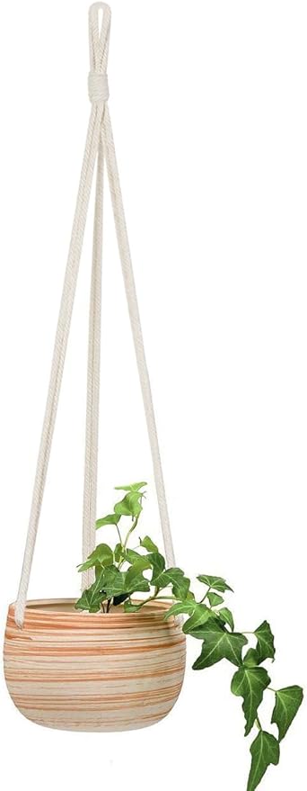 Mkono Ceramic Hanging Planter Macrame Plant Holder 5 Inch Cute Succulent Cactus Pot with Cotton Rope Hanger for Indoor Outdoor Decor, 1 Pack
