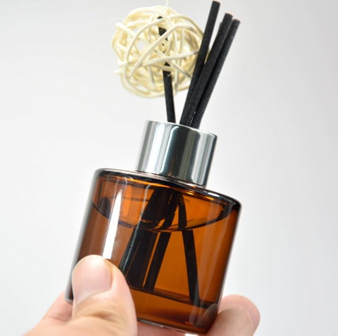 2Pcs 50Ml/1.7oz Empty Amber Round Glass Diffuser Bottles with Silver Cap Refillable Essential Oil Jars Containers Fragrance Accessories Use for DIY Crafts Decor (Diffuser Sticks Excluded)