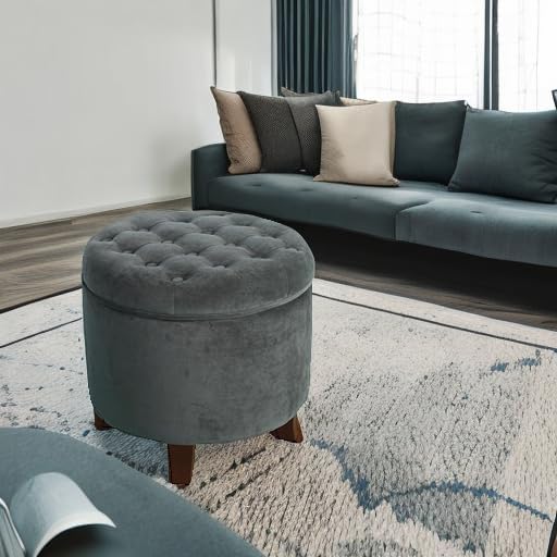 Homepop Home Decor | Upholstered Round Velvet Tufted Foot Rest Ottoman | Ottoman with Storage for Living Room & Bedroom | Decorative Home Furniture, Dark Gray Small