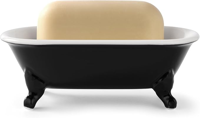 6.5" Ceramic Mini Decorative Clawfoot Bathtub Bar Soap Dish, Kitchen Sponge Holder and Shower Tray for Bathroom, 1 Pack(Black)