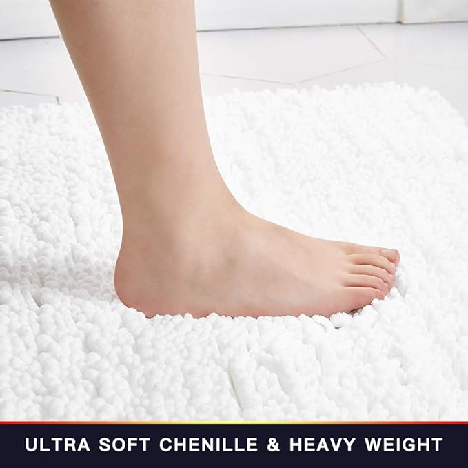 Walensee Bathroom Rug Non Slip Bath Mat (44x24 Inch White) Water Absorbent Super Soft Shaggy Chenille Machine Washable Dry Extra Thick Perfect Absorbant Best Large Plush Carpet for Shower Floor