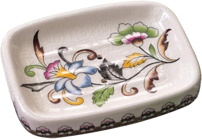Ceramic Soap Dish Creative Ice Crack Ceramic Clorful Flower Pattern Soap Dish Holder for Bathroom and Shower Soap Tray Box with Drain Gift for Mum Family