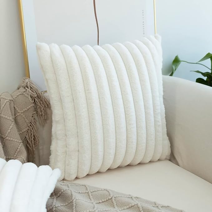 JOJUSIS Pack of 2 Faux Fur Plush Decorative Throw Pillow Covers Couch Cushion Case Soft Pillowcases (White, 18 x 18-Inch)