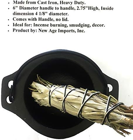 Cast Iron Cauldron w/Handle, Ideal for smudging, Incense Burning, Ritual Purpose, Decoration, Candle Holder, etc. (6" Diameter Handle to Handle, Inside Diameter 4 1/8")