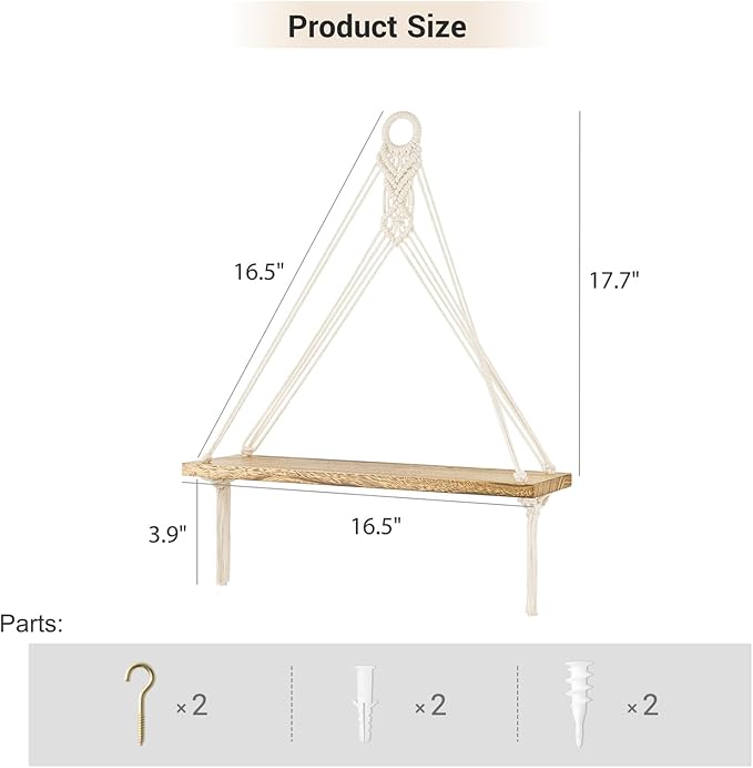 Mkono Macrame Hanging Shelves Boho Wall Decor Set of 2 Rustic Wood Floating Storage Shelf for Bedroom Bathroom Living Room Nursery Dorm Room, Display Shelving for Hanging Plants Photos