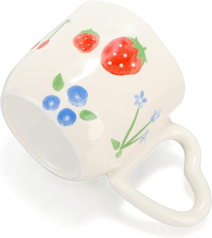 2 Pack Ceramic Coffee Mug, 10 Oz Cute Hot Chocolate Mugs with Heart Shaped Handle, Handmade Aesthetic Latte Cup for Women Girls, Tea Milk Cup Microwave Safe for Cocoa, Gift, Strawberry Floral