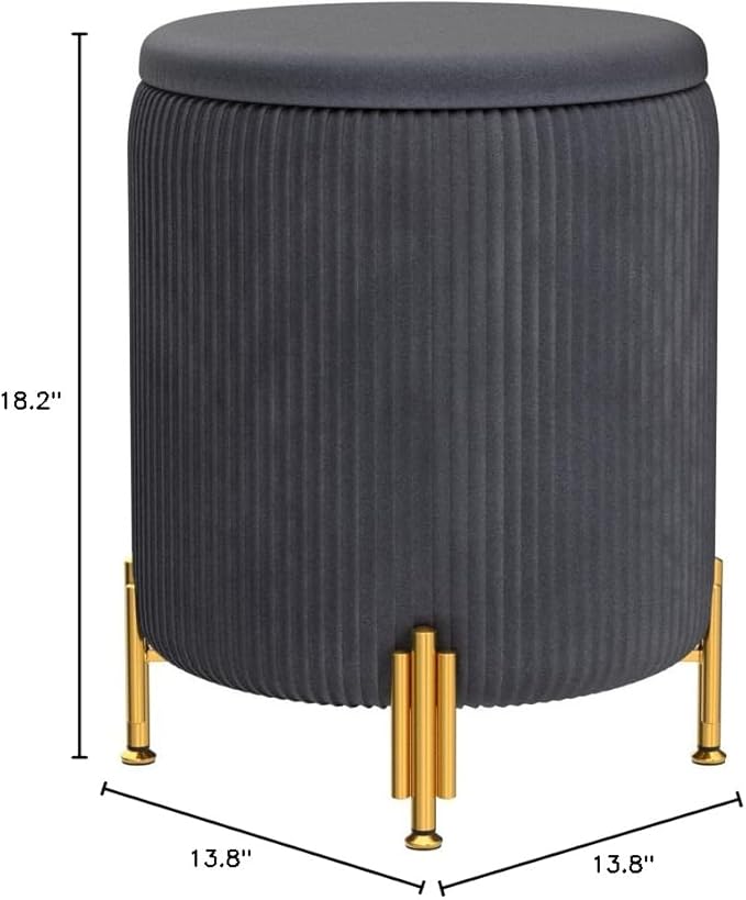 Mxfurhawa Round Ottoman Foot Stool with Storage and Metal Legs for Living Room Bedroom, Velvet Upholstered Footrest Stool Support 300lbs Modern Padded Seat Ottoman Coffee Table (Grey)