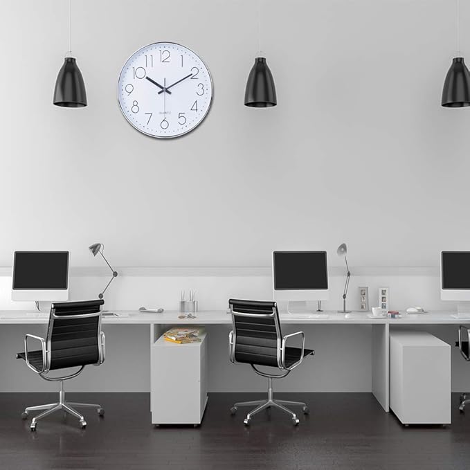 jomparis Modern 12" Battery Operated Non-Ticking Silent Sweep Movement Wall Clock Decorative for Office,Kitchen, Living Room, Bedroom, Bathroom Silver Plastic Frame