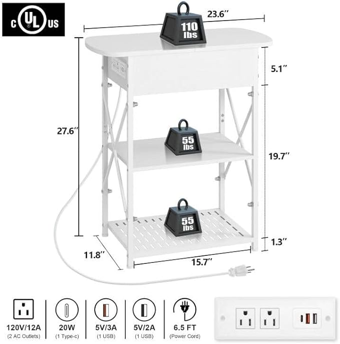 Narrow Side Table with Charging Station, End Table with 3 USB Ports and 2 AC Outlets, Flip Top End Table with Storage, White Side Tables Living Room, Nightstand with Drawer for Bedroom