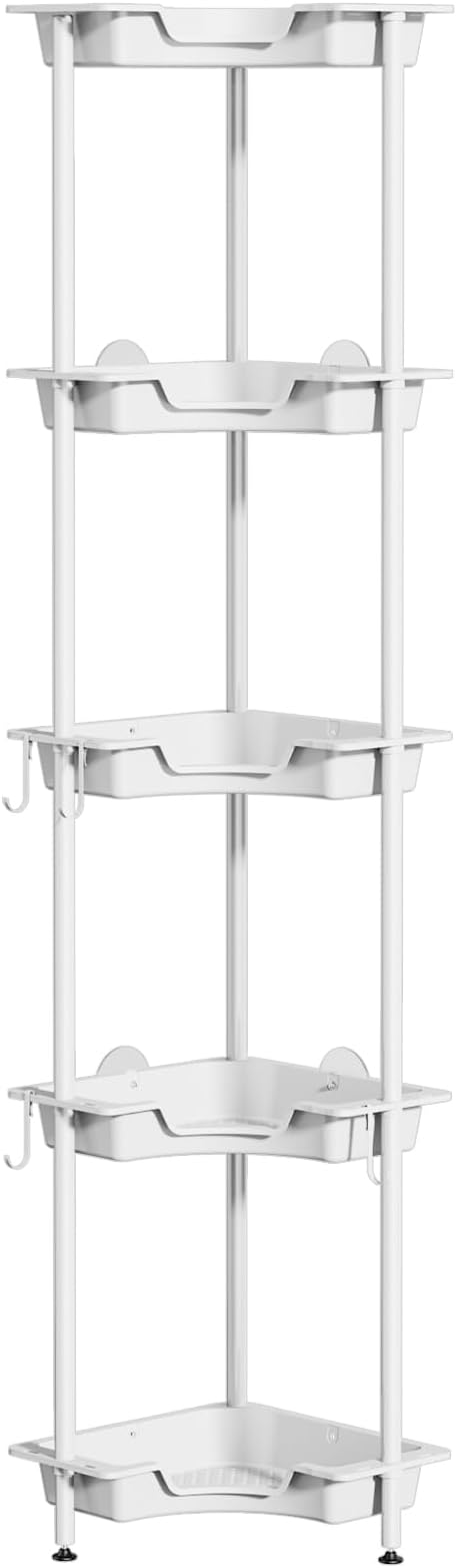 SWTYMIKI Corner Shower Caddy Standing - 5 Tier Floor Standing Shower Organizer with 4 Hooks, Plastic & Stainless Steel Waterproof Corner Stand Shower Shelf Storage Rack for Bathroom, Bathtub, White