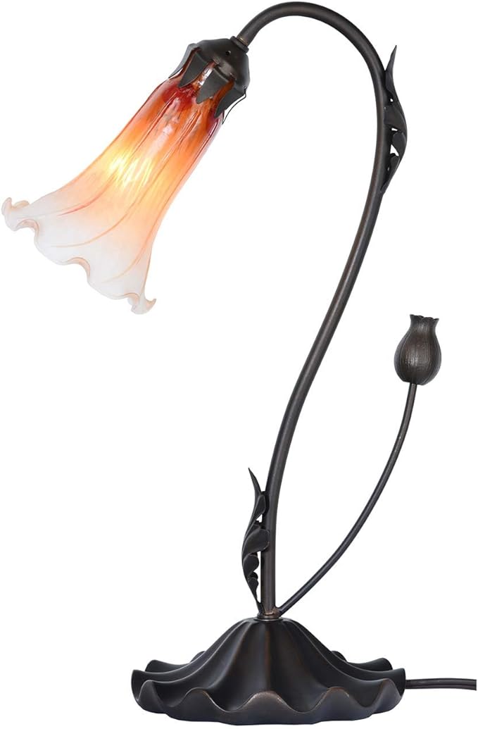 Bieye L10697 Lily Flower Blown Glass Accent Table Lamp for Living Room Bedroom Decoration (1-Light, Orange)