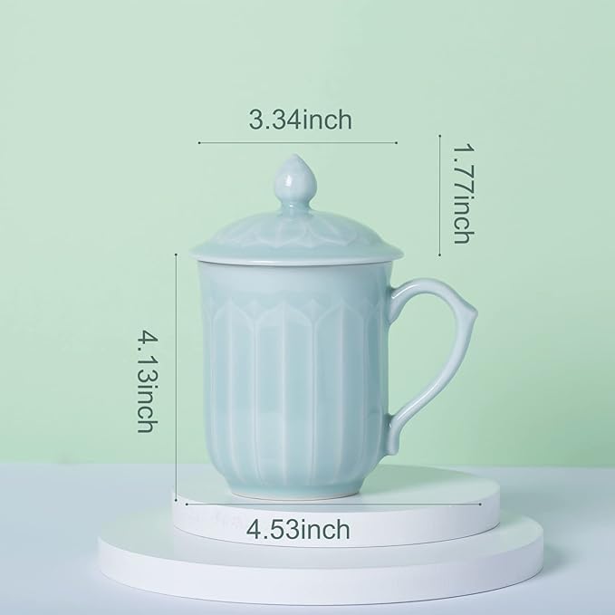 Porcelain Lotus Tea Cup with Lid and Handle, 12 oz Unique Coffee Mug, Microwave Dishwasher Safe, Gifts for Women and Men, Aesthetic Chinese Celadon 1 Pack (Ivory Blue)