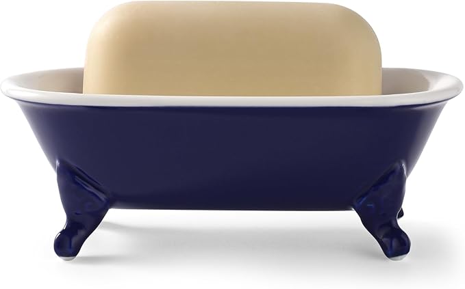 6.5" Ceramic Mini Decorative Clawfoot Bathtub Bar Soap Dish, Kitchen Sponge Holder and Shower Tray for Bathroom, 1 Pack(Navy Blue)