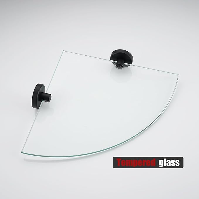 JQK Corner Glass Shelf Black, Bathroom 304 Stainless Steel Shower Triangle Floating Wall Shelf, 10 x 10 Tempered Glass, 2 Pack, TGS190L10-PB-P2