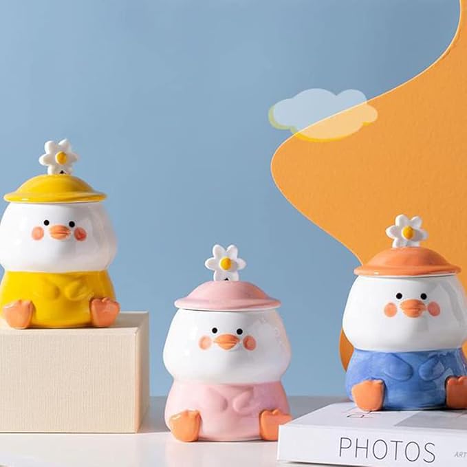 Cute 3D Duck Coffee Mug,Funny Duck Ceramic Coffee Cup with Hat Lid and Lovely Flower Spoon,Suit for mug warmer,Novelty Morning Mug Christmas Birthday Present for Office Friends Women Girls