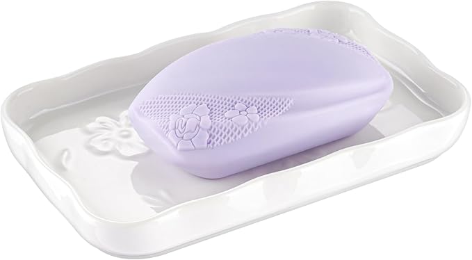 NiHome Ceramic Soap Dish for Bathroom or Kitchen Sink, Raised Floral Design Compact Size 5.7"x3.6"x0.78", Easy to Clean Moisture-Resistant Smooth Surface, Versatile Use for Soap, Jewelry & Accessories