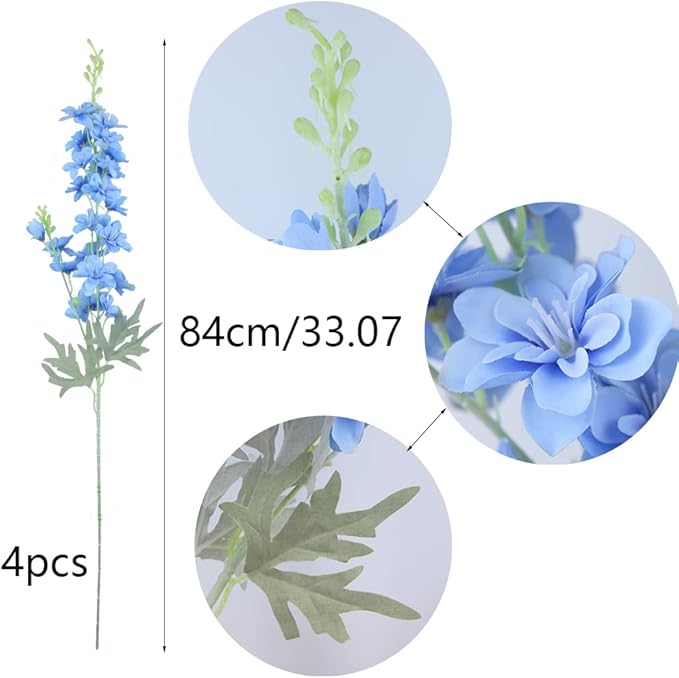 FERIAL Blue Silk Larkspur Flowers 4pcs Artificial Delphinium Faux Snapdragon Long Stem Fake Plant Spray Arrangement for Home Decor Indoor Outdoor Office Garden Wedding Table Vase Decor (Blue)