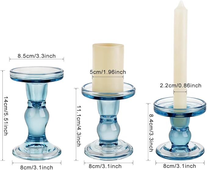 3-Piece Set of Blue Glass Candlestick, Crystal Candlestick Holder Holder and Conical Candle, Christmas Candle Holder Decoration, Family Living Room Wedding Candle Holder (Blue)