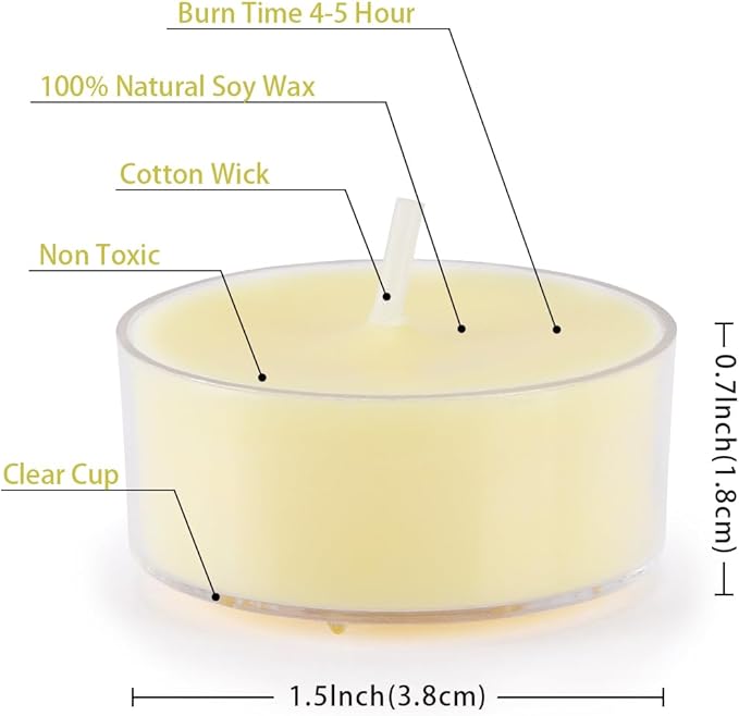 Natural Citronella Tea Light Candles, Tiny Soy Wax Aromatherapy Citronella Tealights Set of 24-4 Hours Burning - Great Gift for Summer Outdoors Indoors Home Garden Patio Balcony
