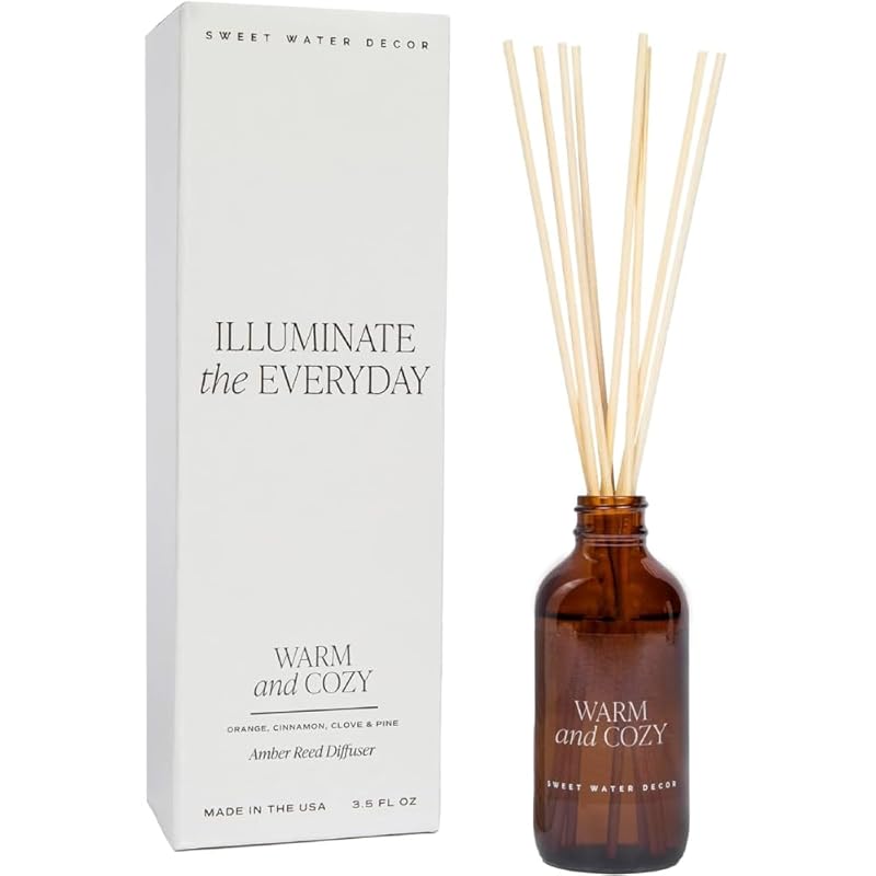 Sweet Water Decor Warm and Cozy Reed Diffuser Set - Orange, Cinnamon, Clove, and Pine Winter Scented Diffuser - Scent Diffusers for Home, Long Lasting Fragrance, Made in the USA