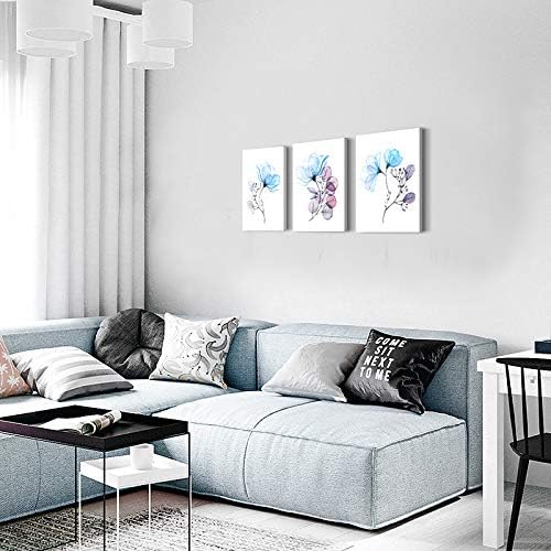 3 Piece Modern Blue Flowers Canvas Wall Art for Bedroom Living Room decor,Bathroom Wall Decor,3 Panels framed Wall Watercolor Painting Kitchen Home Decoration Canvas Print Artwork Wall Mural