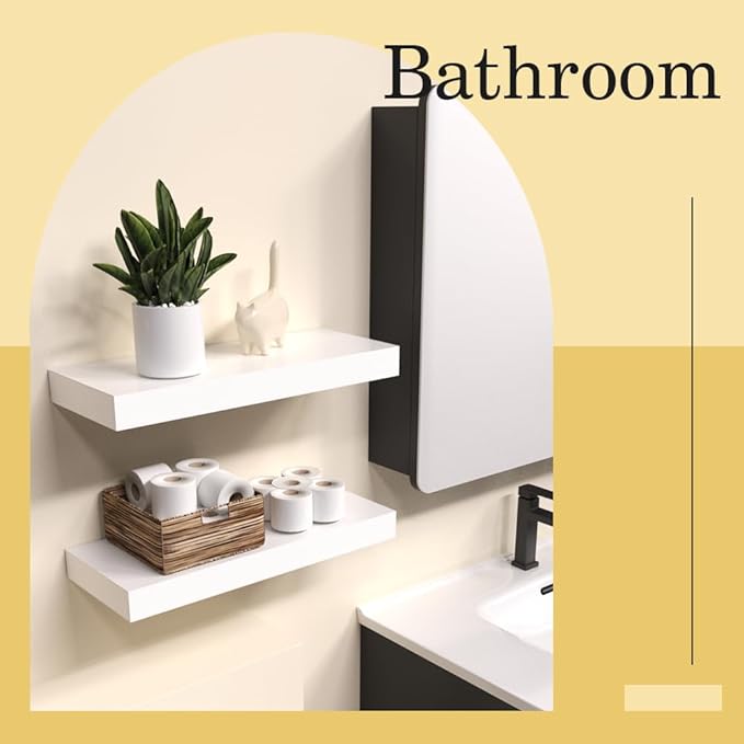 Habudda Floating Shelves, Natural Wall Shelf, White Wooden Rustic Decor for Bathroom Kitchen Bedroom, 17 Inches Hanging Mounted Invisible Bracket, 2 Set