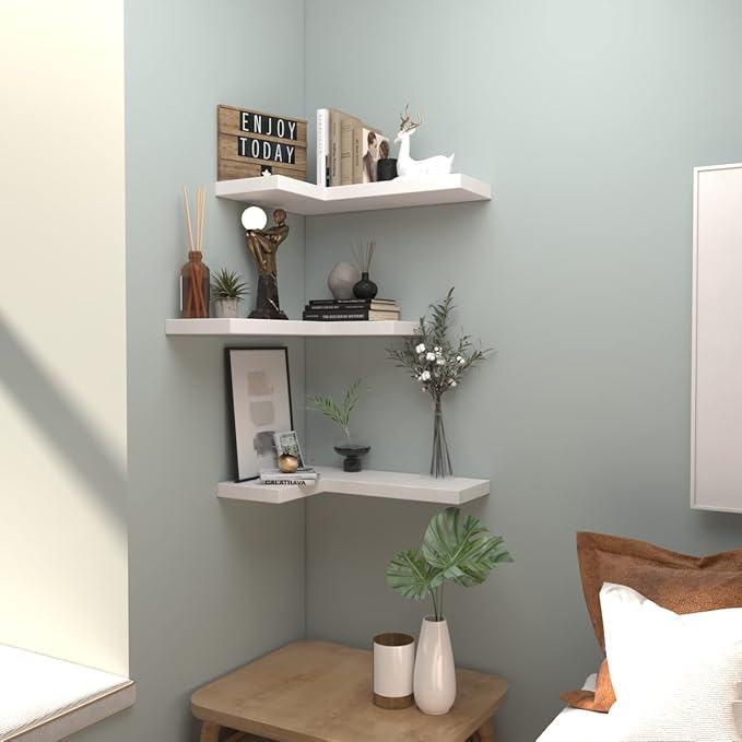 NATURE'S SOURCE Corner Floating Shelves with Invisible Brackets, Corner Shelves Wall Mounted Set of 3, Bedroom Bathroom Kitchen Living Room Office- Modern Style 17" x 6" (White)