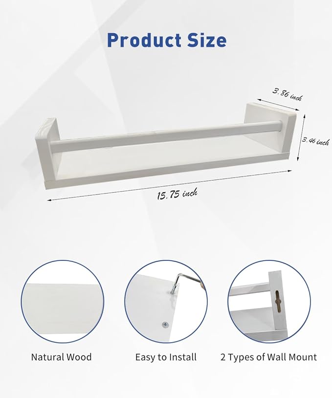 Gneric Floating Shelves for Wall, White Nursery Book Shelves, 15.7 inch Kids Bookshelf, Wall Shelves for Living Room Bedroom Decor,Kitchen Spice Rack,Bathroom Storage Rack(2 Pack)