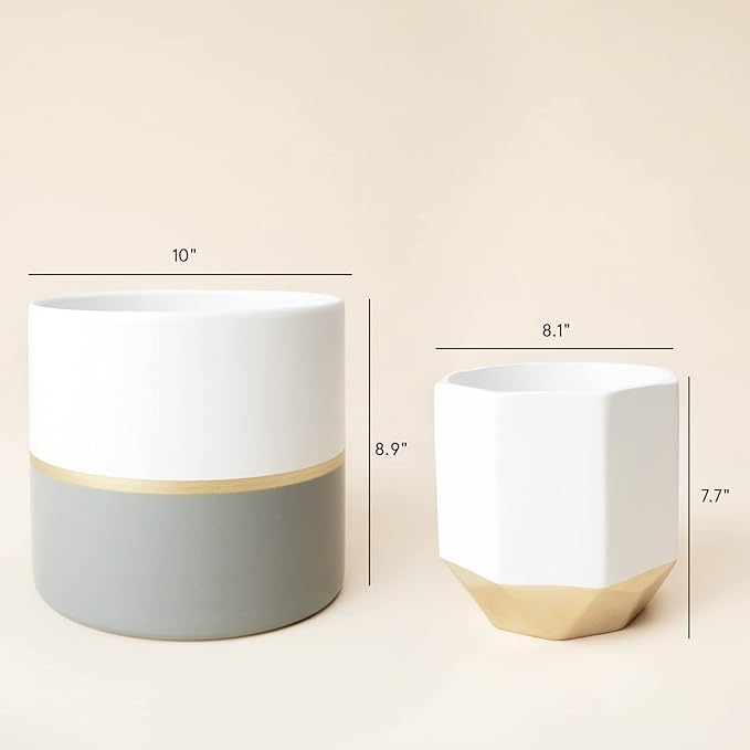 LA JOLIE MUSE Large White Ceramic Plant Pots - Garden Planters 10 + 8.1 Inch Indoor Flower Pots, Plant Containers with Gold and Grey Detailing