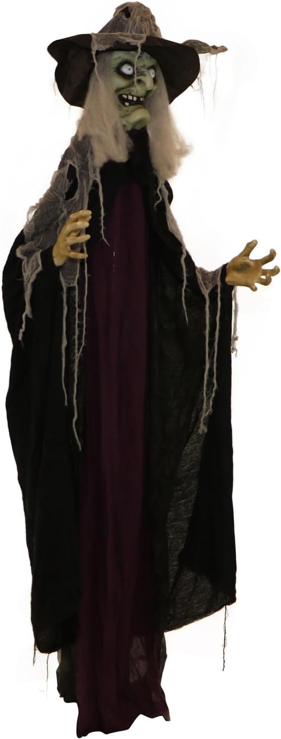 Haunted Hill Farm Life-Size Poseable Scary Talking Witch, Halloween Animatronic with Touch Activated Lights and Sound, Battery Operated Indoor or Covered Outdoor Halloween Decorations, Fright Props