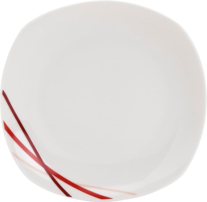 Tabletops Gallery 12-Piece White with Red Stripes Ceramic Dinnerware Set of Kitchen Dishes, Soft Square Dinner Salad Plates Cereal Bowls, Service for 4, Adrian