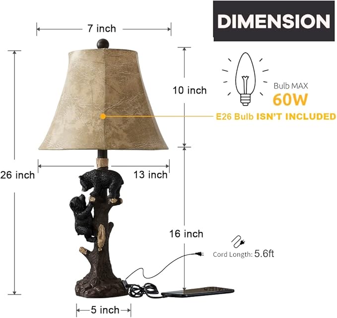 LOKHOM Climbing Bears Rustic Western Table Lamp Set of 2, 26" Rustic Bedside Lamp with USB & TypeC Charging Port, Natural Bears Table Lamp for Bedroom Living Room Foyer Office Valentine's Day Gift