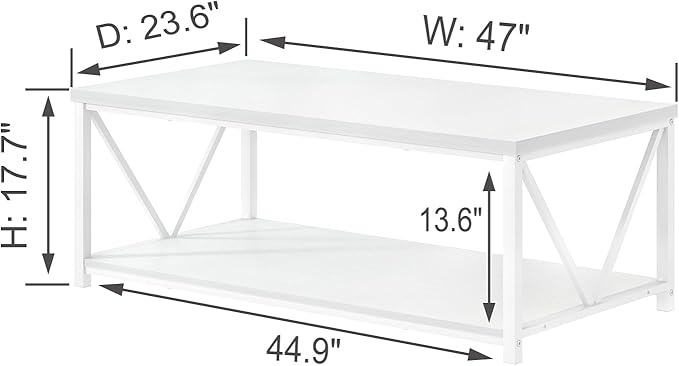 EXCEFUR White Coffee Table with Storage Shelf, Modern Rustic Wood and Metal Center Table for Living Room, 47 Inch