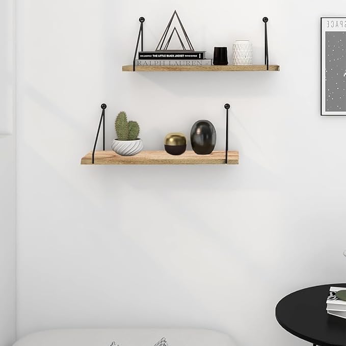 Floating Wall Shelves – Rustic Mango Wood Wall Shelves for Room Decor & Storage, Wall Mounted Hanging Shelves for Books, Bathroom, Kitchen, Living Room – Set of 2 (15×6×1 Inches)