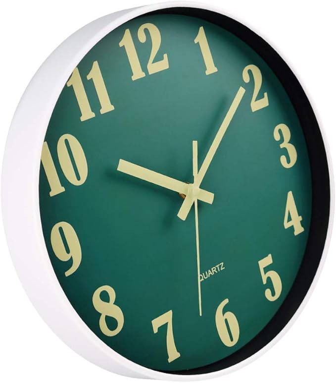 JoFomp Glow in The Dark Clock, 12 Inch Modern Silent Non Ticking Wall Clocks Battery Operated, Night Light Wall Clock for Living Room Decor, Wall Clock Decorative for Kitchen Bedroom (Green)