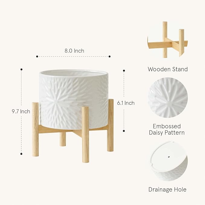 LA JOLIE MUSE White Planter with Stand,Mid Century Planters for Indoor Plants,Ceramic Plant Pot with Stand - 8 Inch Unique Modern Flower Pots Indoor with Drainage Holes
