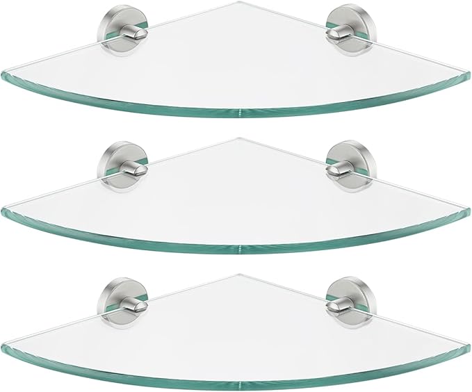 JQK Corner Glass Shelf, Brushed Steel Bathroom 304 Stainless Steel Shower Triangle Floating Wall Shelf, 10 x 10 Tempered Glass, 3 Pack, TGS190L10-BN-P3